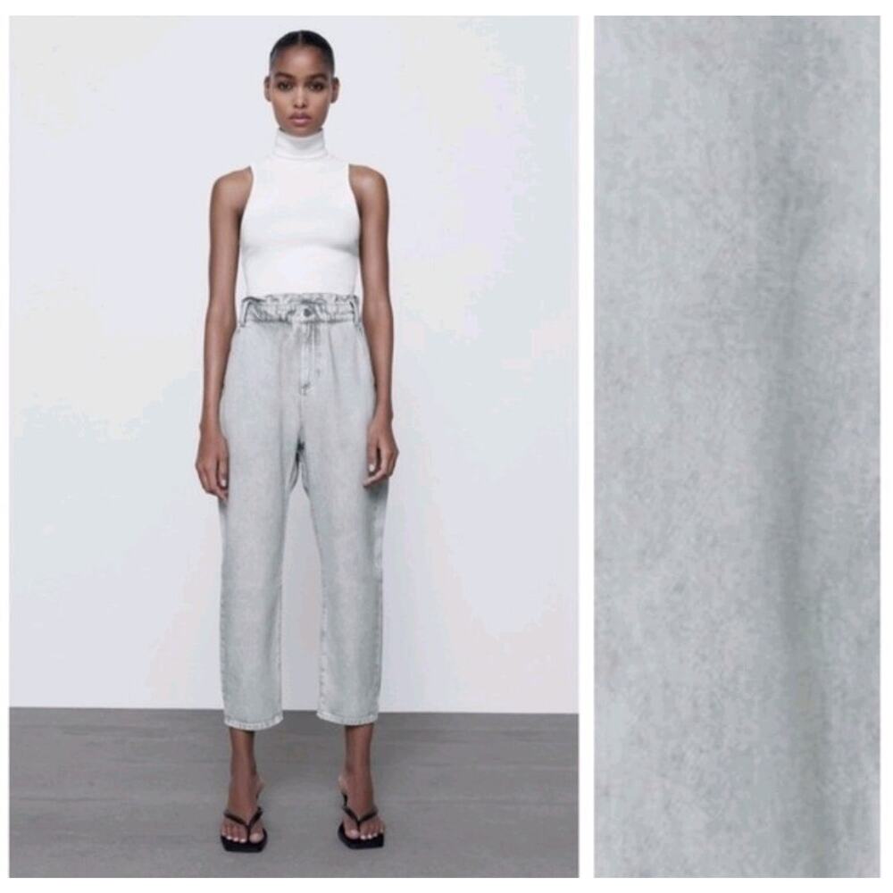 Zara Women's High-Waisted Paperbag Barrel 24" Grey Acid Wash Denim Jeans Sz 4